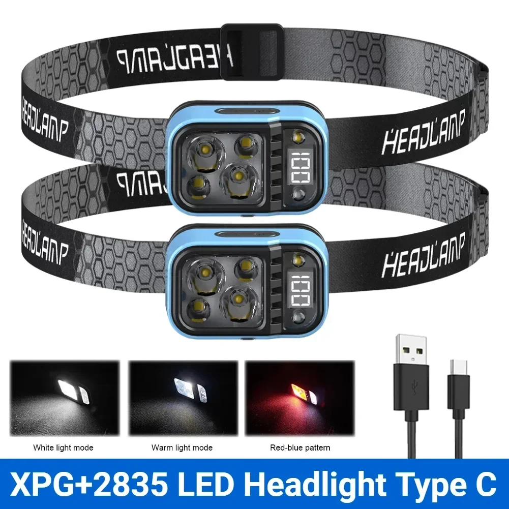 Lanterna de Cabeça LED com Sensor de Movimento, Recarregável Tipo-C, Luz de Trabalho Super Brilhante para Caminhada, Corrida e Reparos