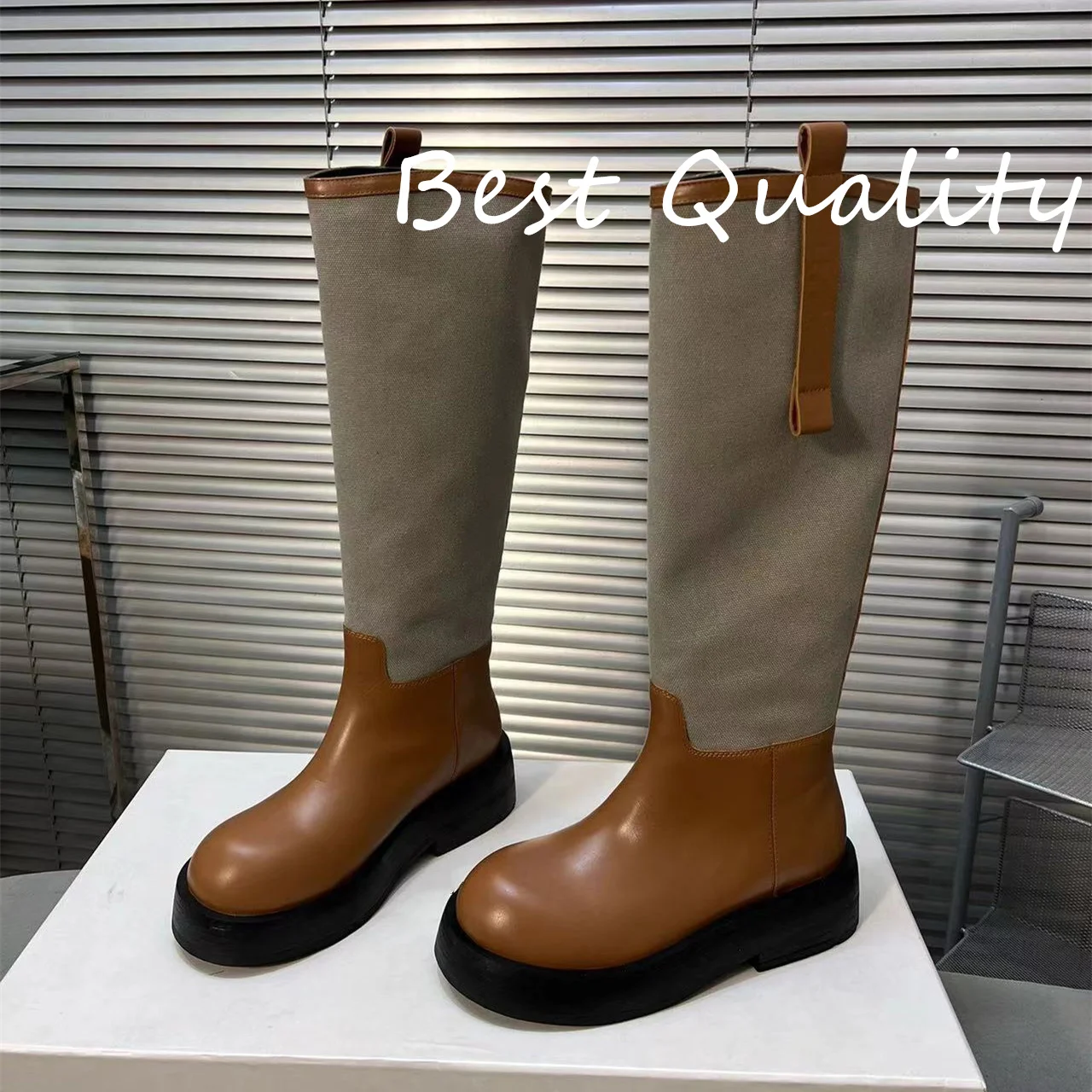 

2024 New Women's Long boots Mixed Color Retro Style Genuine leather splicing fabric Round headed flat bottomed High Quality