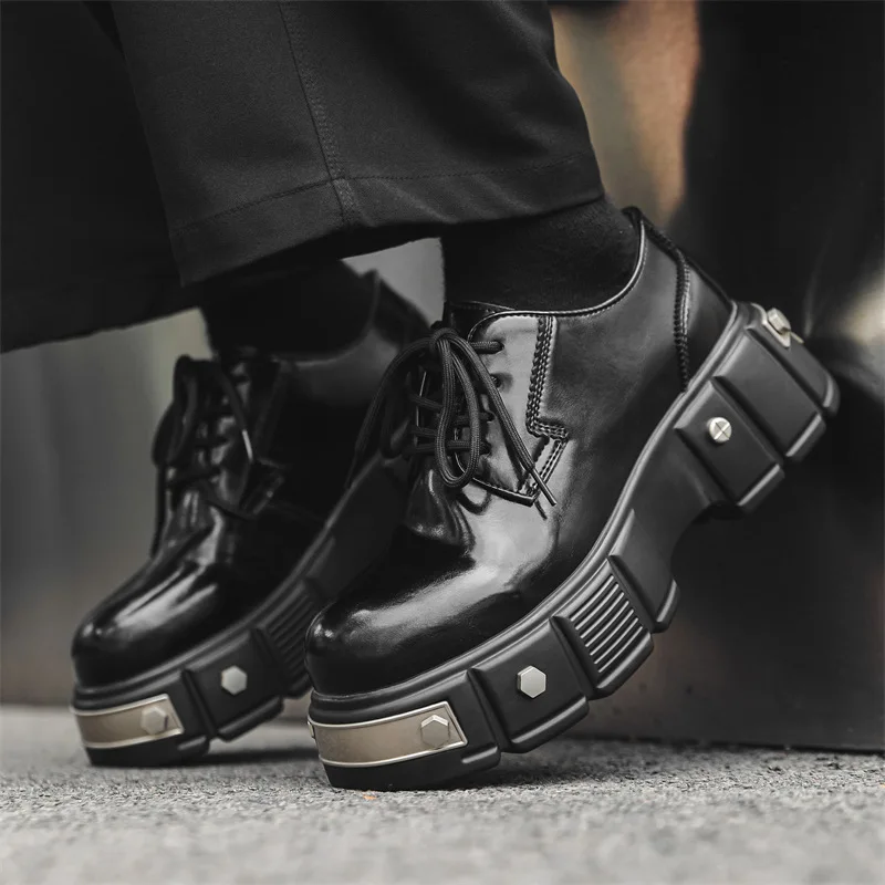 men luxury fashion punk hip hop dress platform shoes lace-up genuine leather derby shoe brand designer sneakers stylish footwear