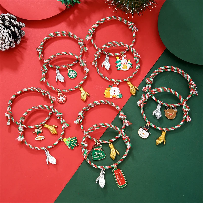 2 pçs/set corda de mão de natal vermelho verde cor misturada pulseira para mulheres árvore de natal pingente pulseiras festa ano novo jóias