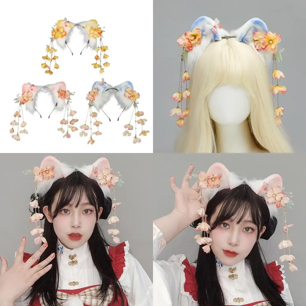 

39BD Simulation Cats Ear Hairhoop With Tassels Decoration For Fashion Roleplay Event Women Anime Theme Party Headpiece