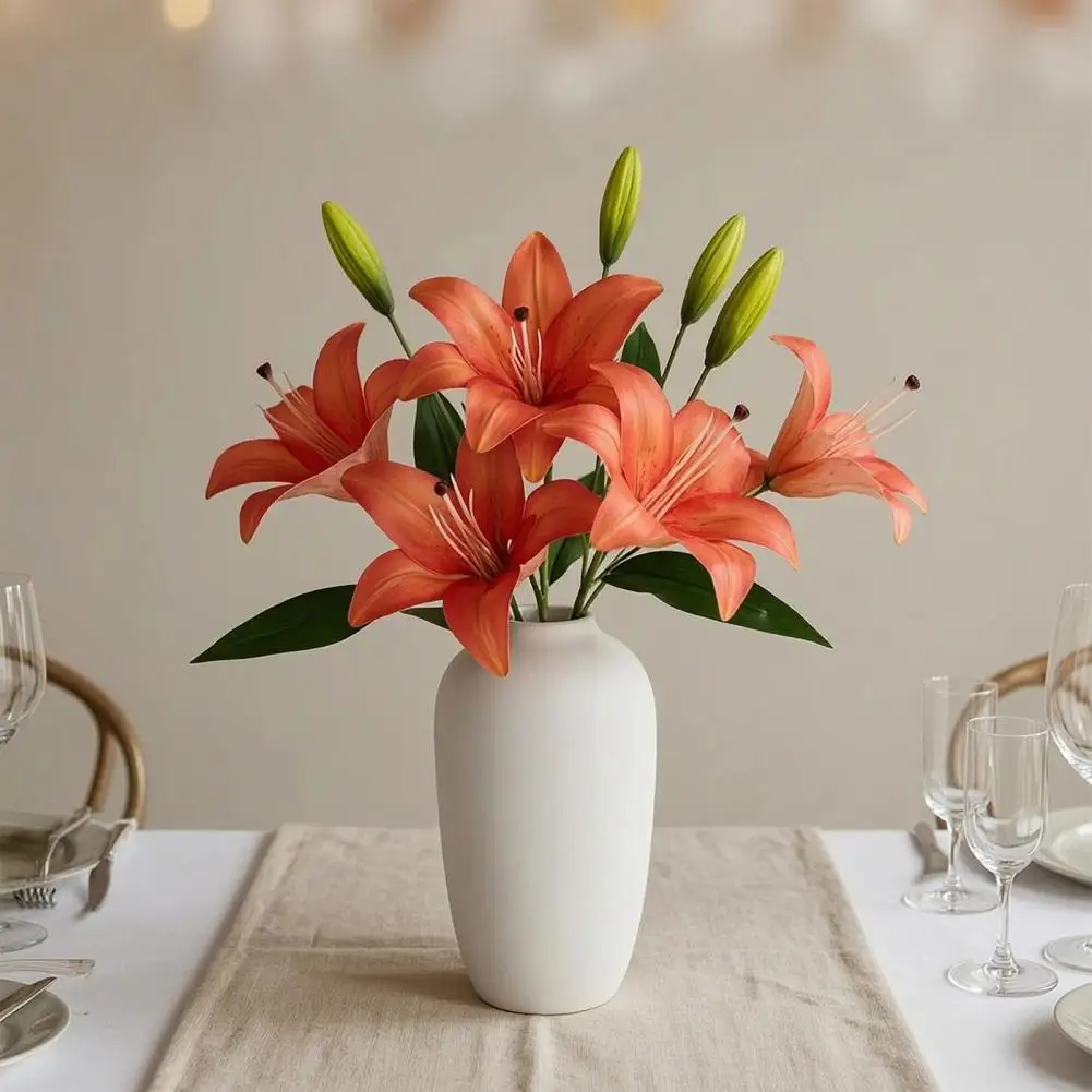 Decorative Flowers Silk Artificial Lily Silk Flowers Bouquet Faux Fake Plants for Wedding Decor Home Party Table Centerpiece