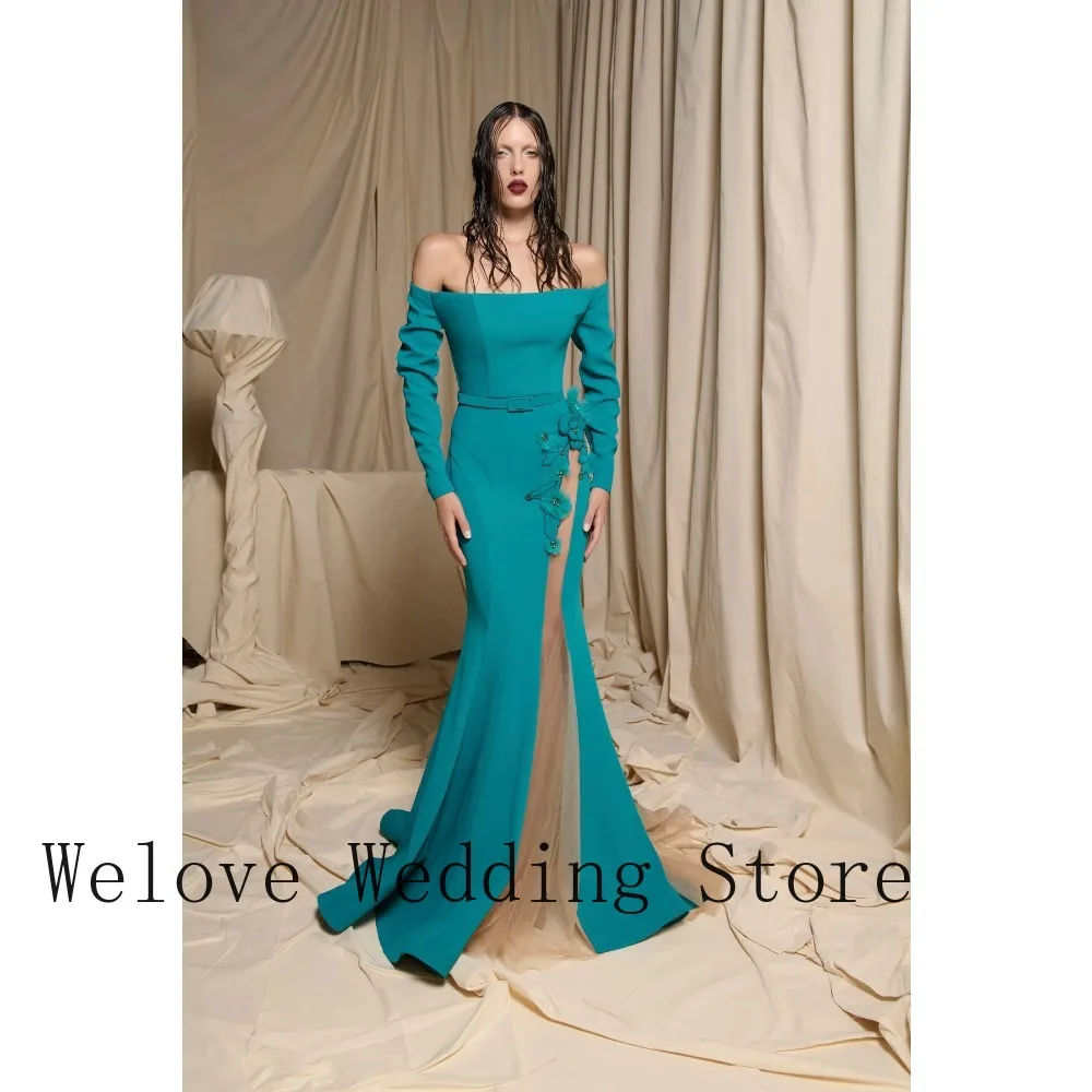

Elegant Turquoise Off Shoulder Mermaid Prom Dress – Long Sleeve Formal Evening Gown with Floral Appliqué & High Slit