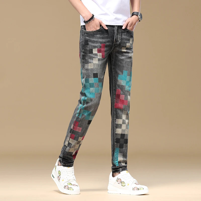 Fashionable mosaic print design jeans for men's summer stretch slim fit small foot trend street personalized denim pants