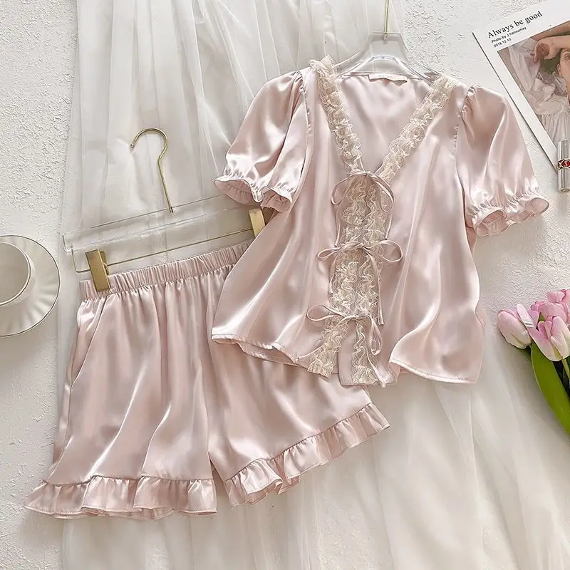 

Solid Color Short Sleeved Shorts Ice Silk Sexy Home Suit Set For Summer Thin, Sweet Princess Style High-end Sleepwear For Women
