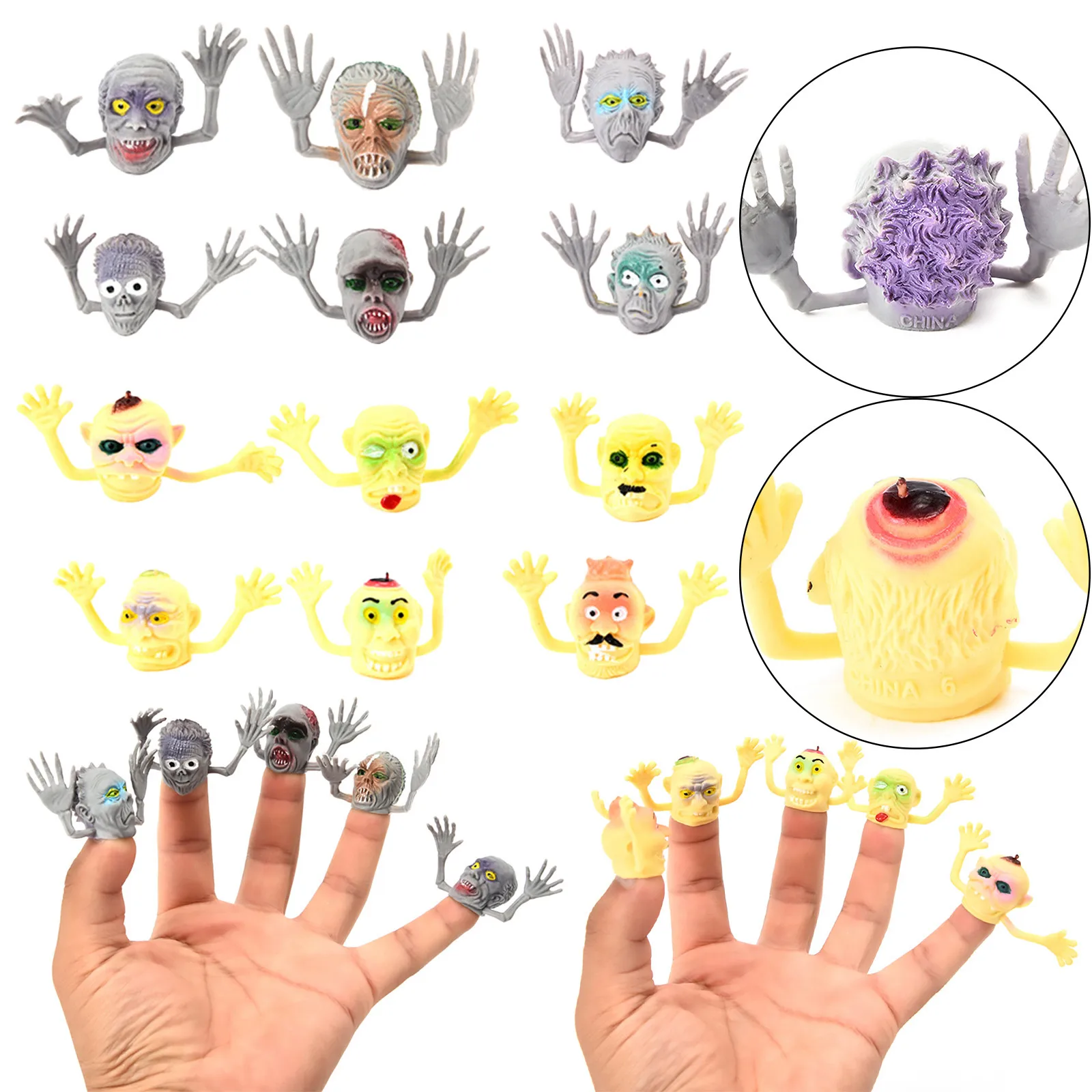 

Новинка, игрушки, 6 шт., ужасная голова, кукла на палец, реквизит для рассказов, Хэллоуин, чехлы на палец ведьмы, компьютерный деревянный детский тренажерный зал