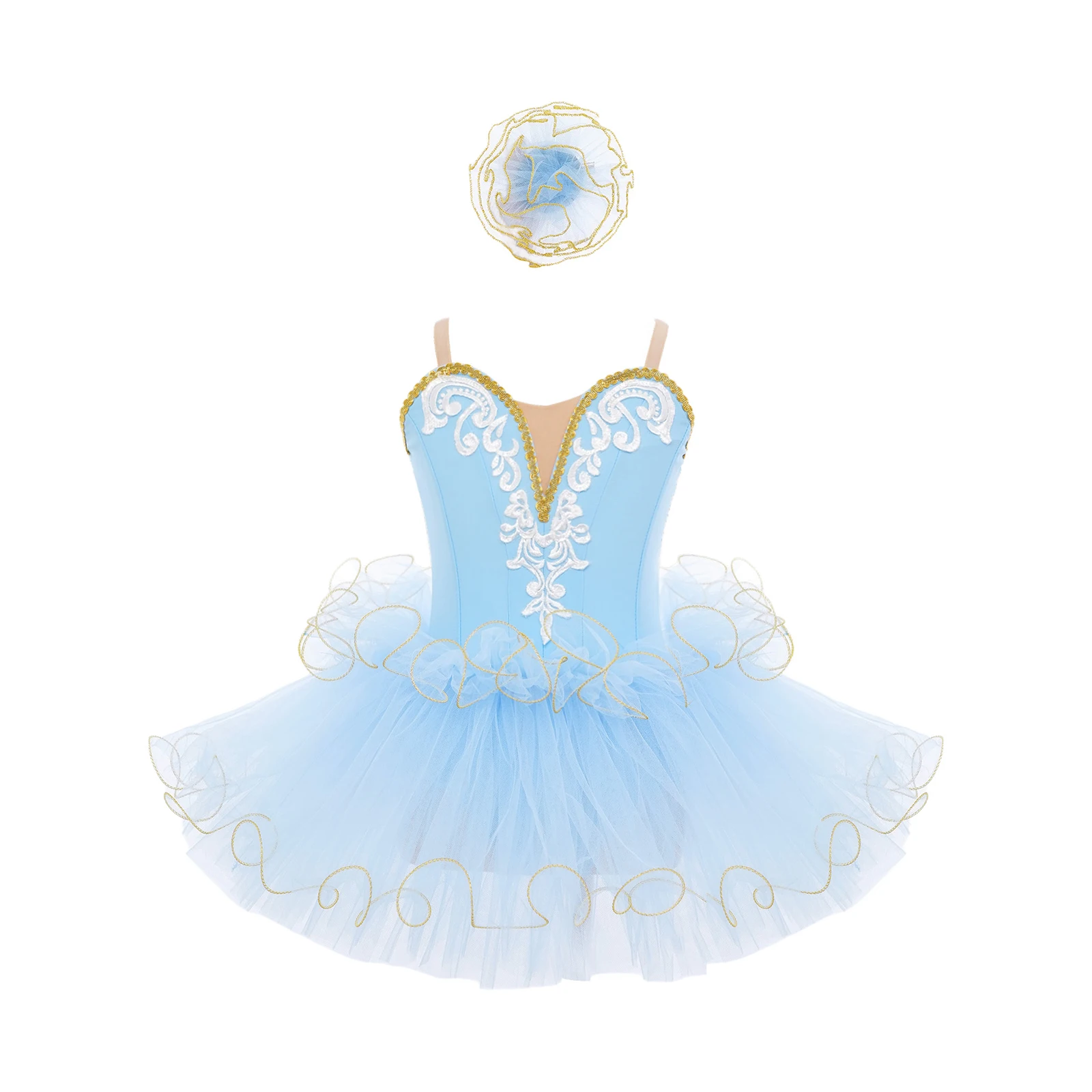 

Kids Girls Ballet Tutu Dresses Dance Performance Costume Adjustable Shoulder Straps Embroidery Bodice Layered Dress+Headwear Set