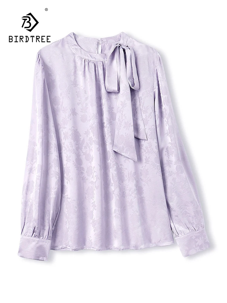 

BirdTree-Silk Elegant Shirt, O Neck Long Sleeve Jacquard Bow, Women Commute Temperament Loose Blouse, 2026 Spring New T63431CC