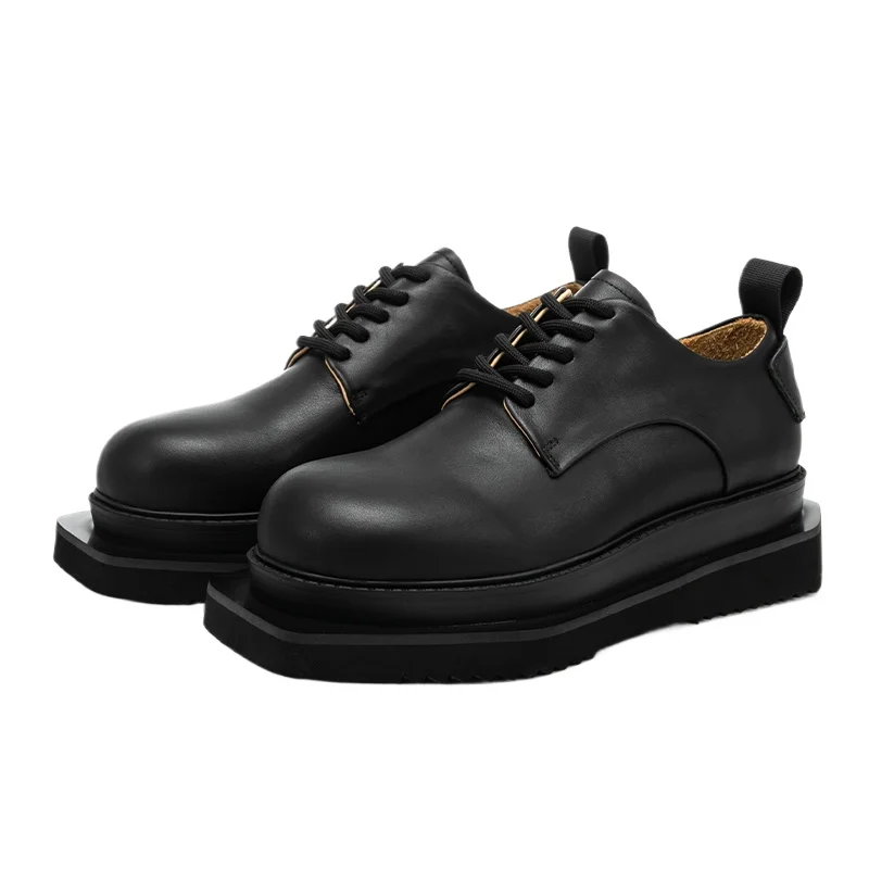 

European/American Derby Shoes for Men Spring Thick Sole Heightening British Casual Genuine Leather Black Workwear Leather Shoes