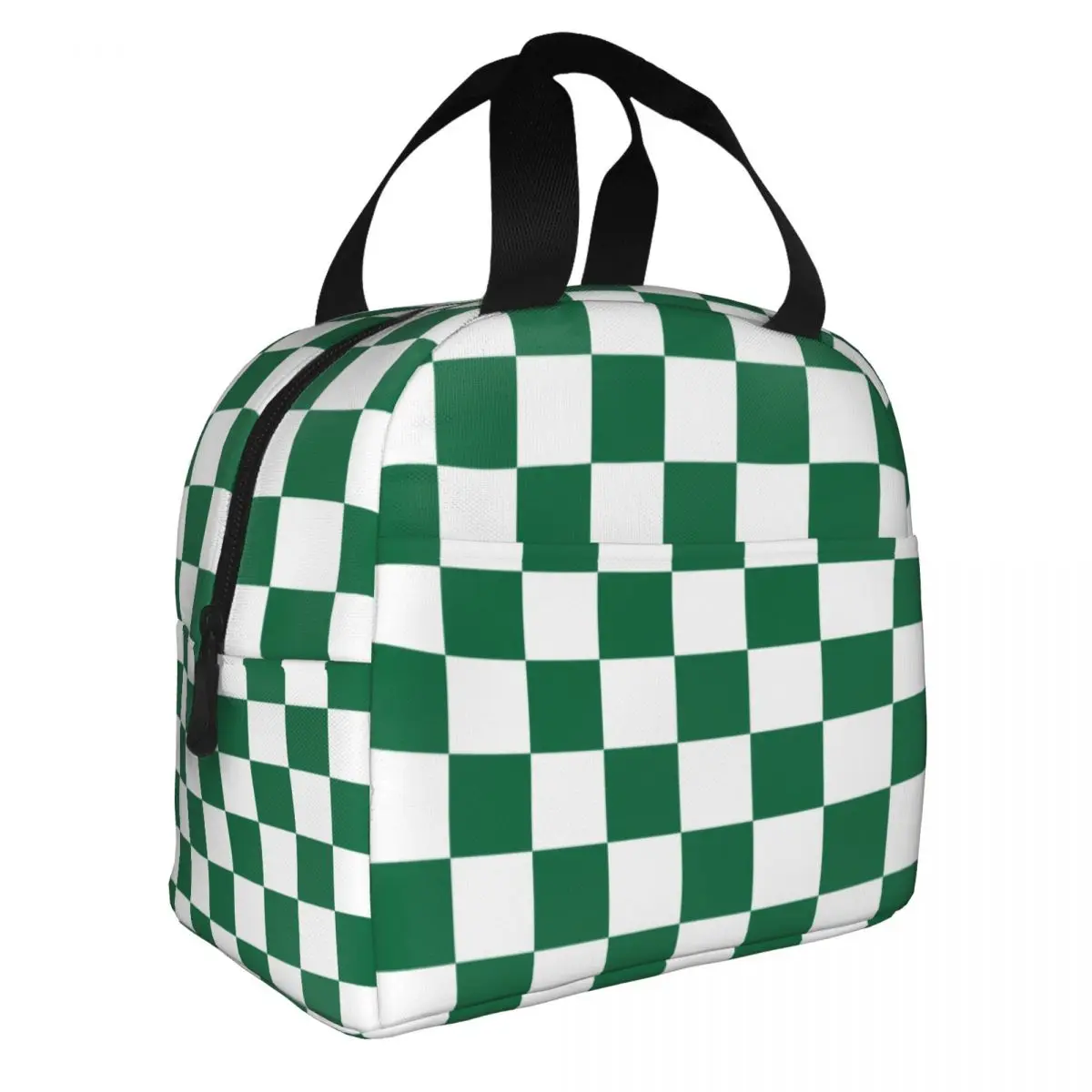 Green And White Checkered Checkerboard Plaid Portable Lunch Box Women Multifunction Cooler Thermal Food Insulated Lunch Bag
