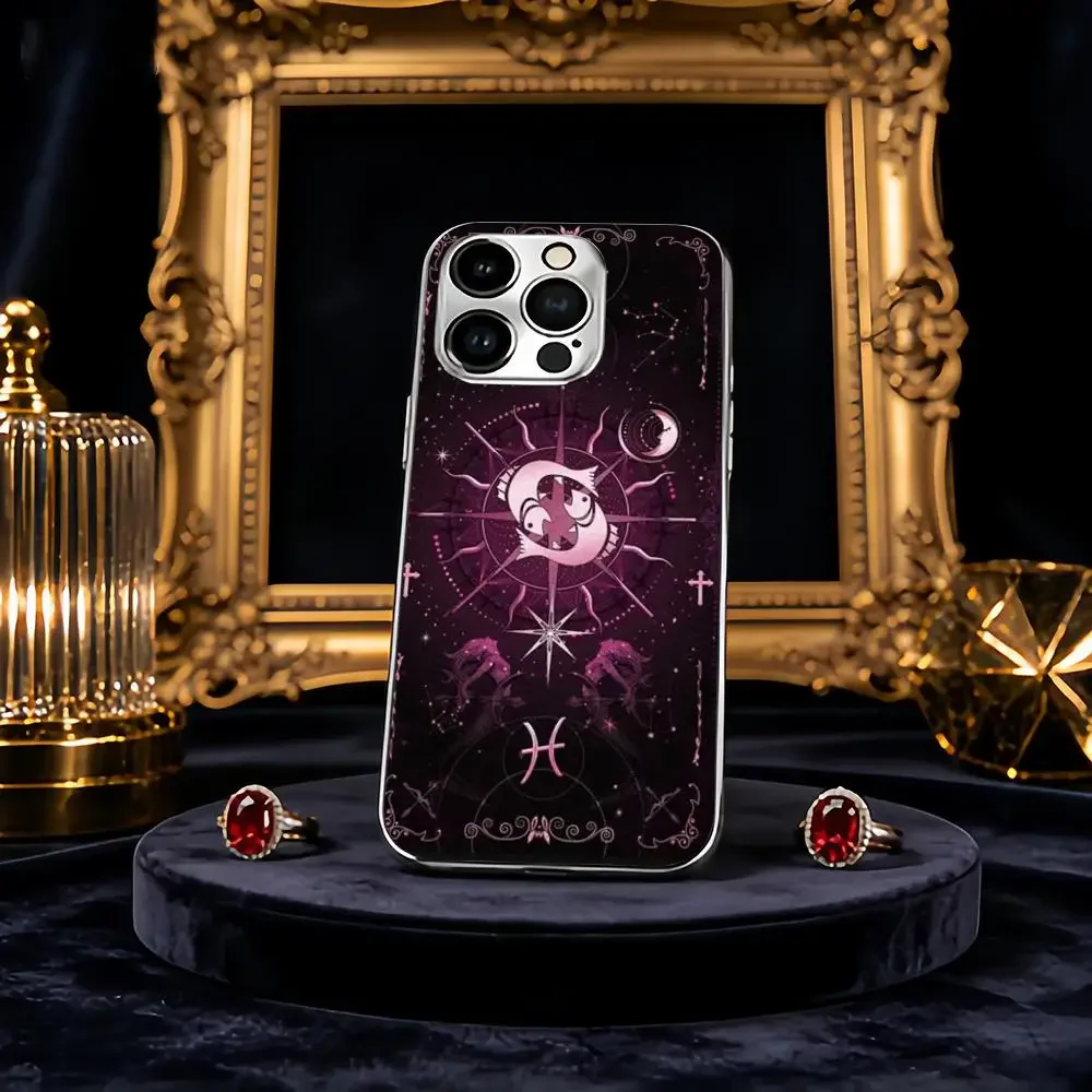 Capa de Celular Mystery - Star Orbit Magic Circle, de vidro galvanizado prateado, para iPhone 17/16/15/14/11/12/13 Pro Max