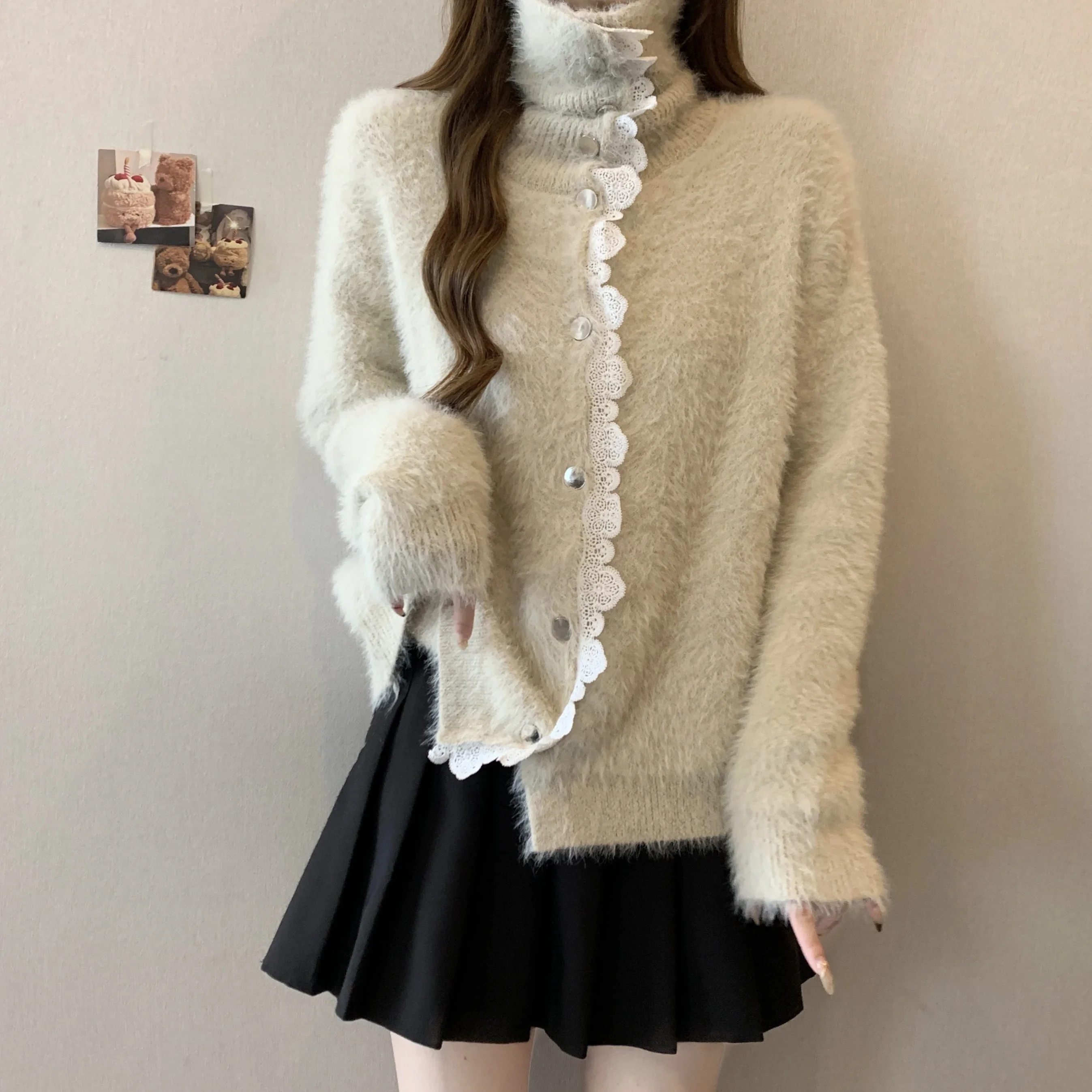 2024 Autumn/winter High-end Advanced Temperature Plus Size Women's Long-sleeved Imitation Mink Velvet Splicing Lace Sweater Tops