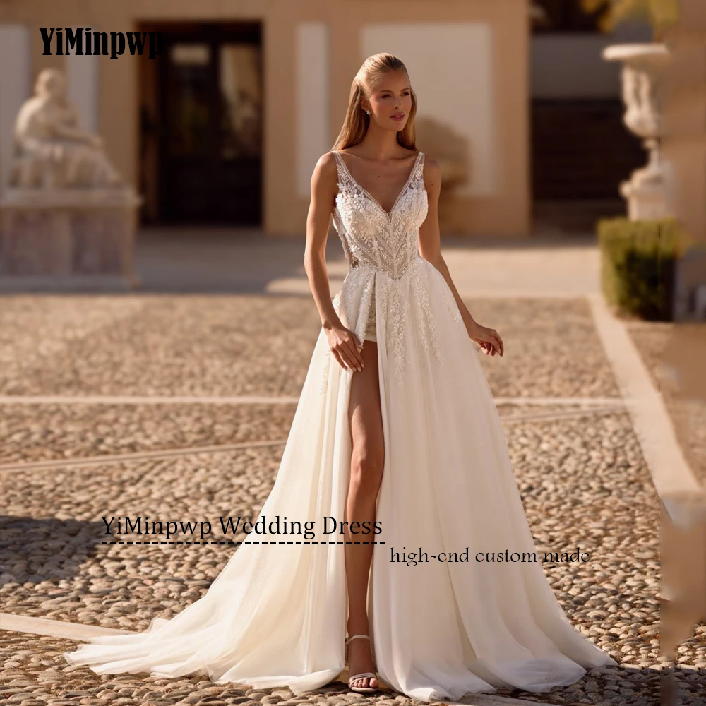 Vestido de novia bohemio personalizado con espalda descubierta, corte en A, tul con abertura lateral, apliques con cuello en V, vestidos de novia para playa, vestido de novia sin espaldaVestido de novia sin espalda per
