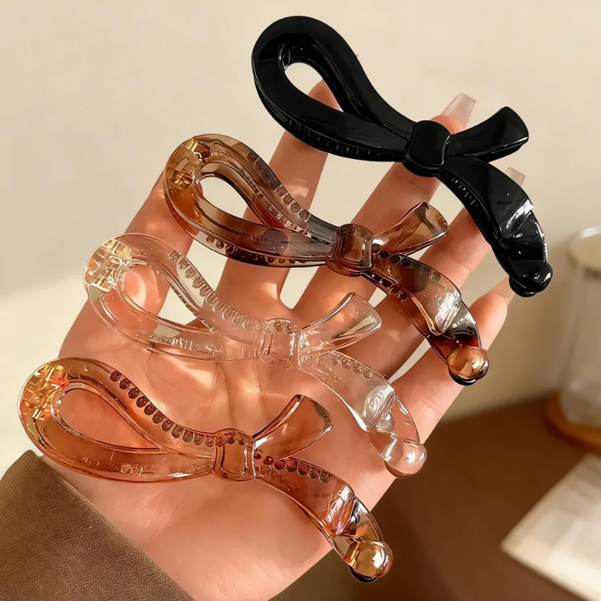 4 Stück Acryl-Haarspangen mit Schleife für Damen, transparente Haarspangen in Schildpatt-Optik, elegante, rutschfeste Haar-Accessoires für dickes Haar – Detail 6