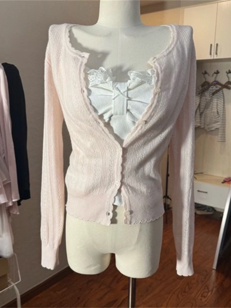 Korean Fashion Slim Fit White Lace Bow Long Ruffle Sleeve Knit Cardigan Cami Top 3 Piece Set Women Kawaii Pink Short Skirt Set view 3