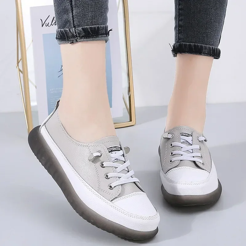 Sport Shoes Women Natural Genuine Leather Flat Casual Shoes Female Ballet Flats Lace Up White Court Sneakers Ladies Flats