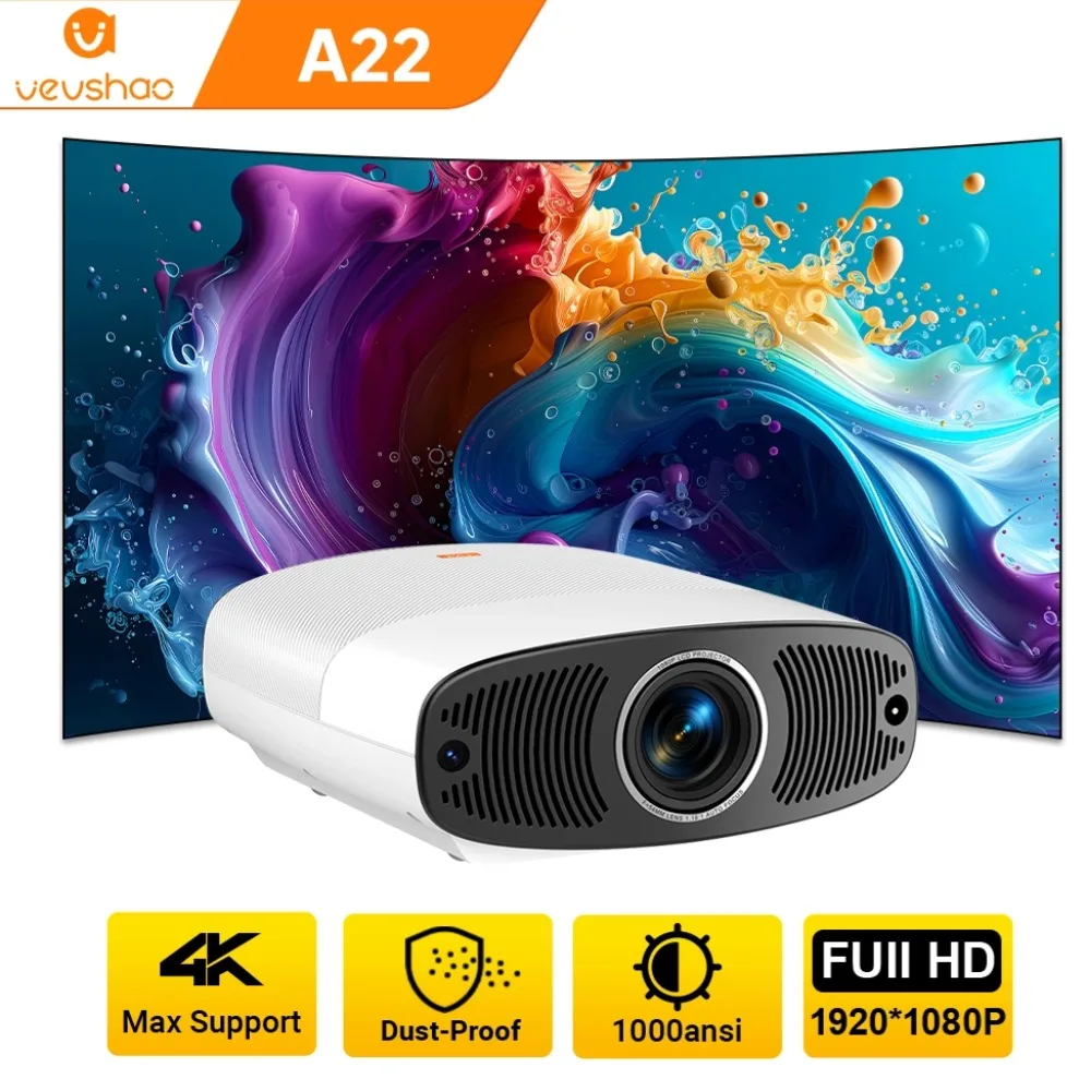 VEVSHAO Full HD Projector A22 4K Video Smart TV for Home WIFI 1080P 1000 Lumen Projectors Media Video Player Smart Beamer