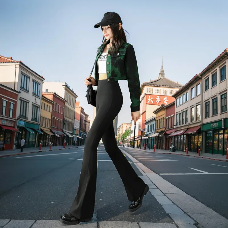 Fashion casual micro cropped pants women Y2k Spring autumn thin high-waisted slimming mop pants Black Barbie design pants long