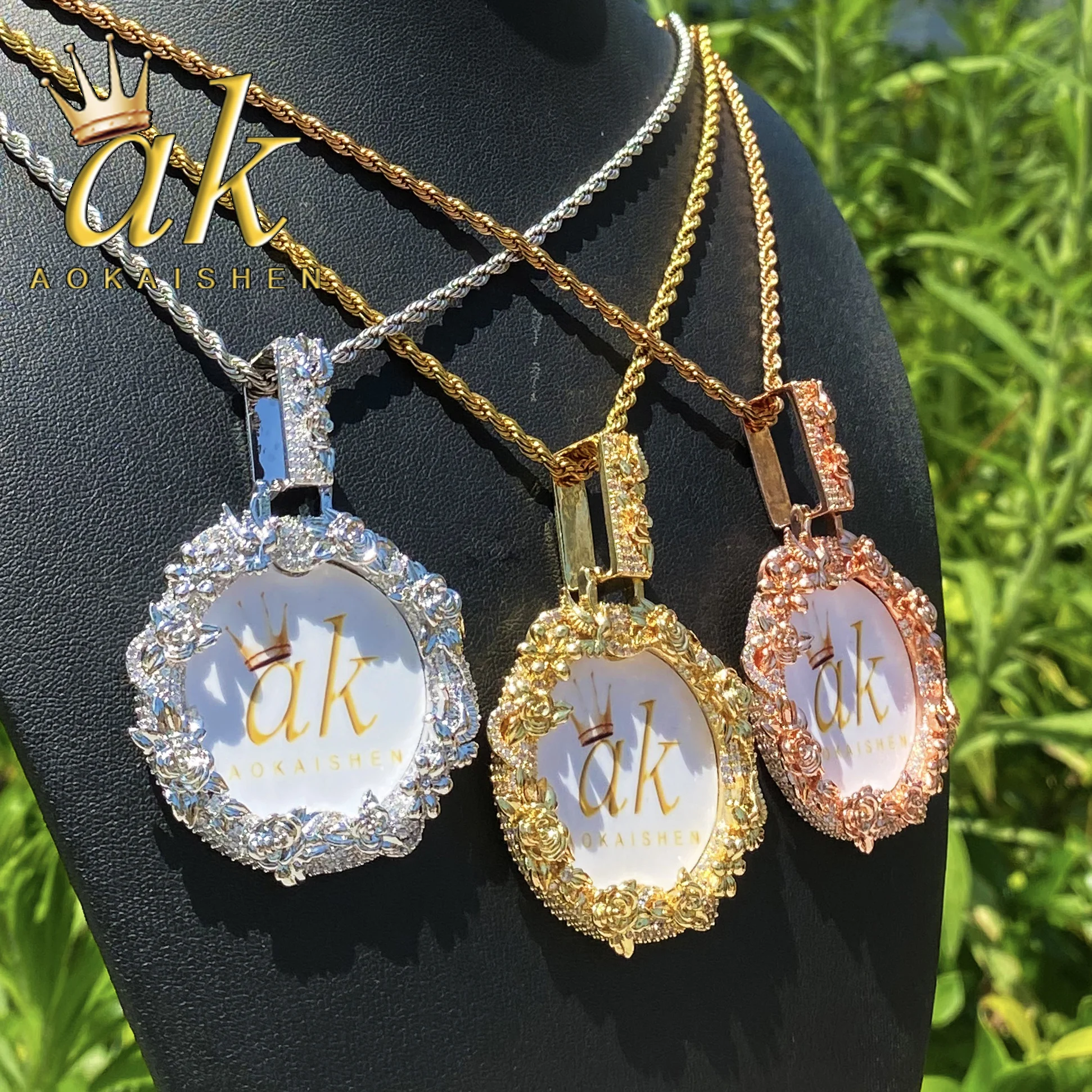 

Aokaishen Iced Out Dove Rose Flower индивидуальное изображение ожерелье кулон для мужчин настоящее позолоченное циркониевое ювелирное изделие в стиле хип-хоп