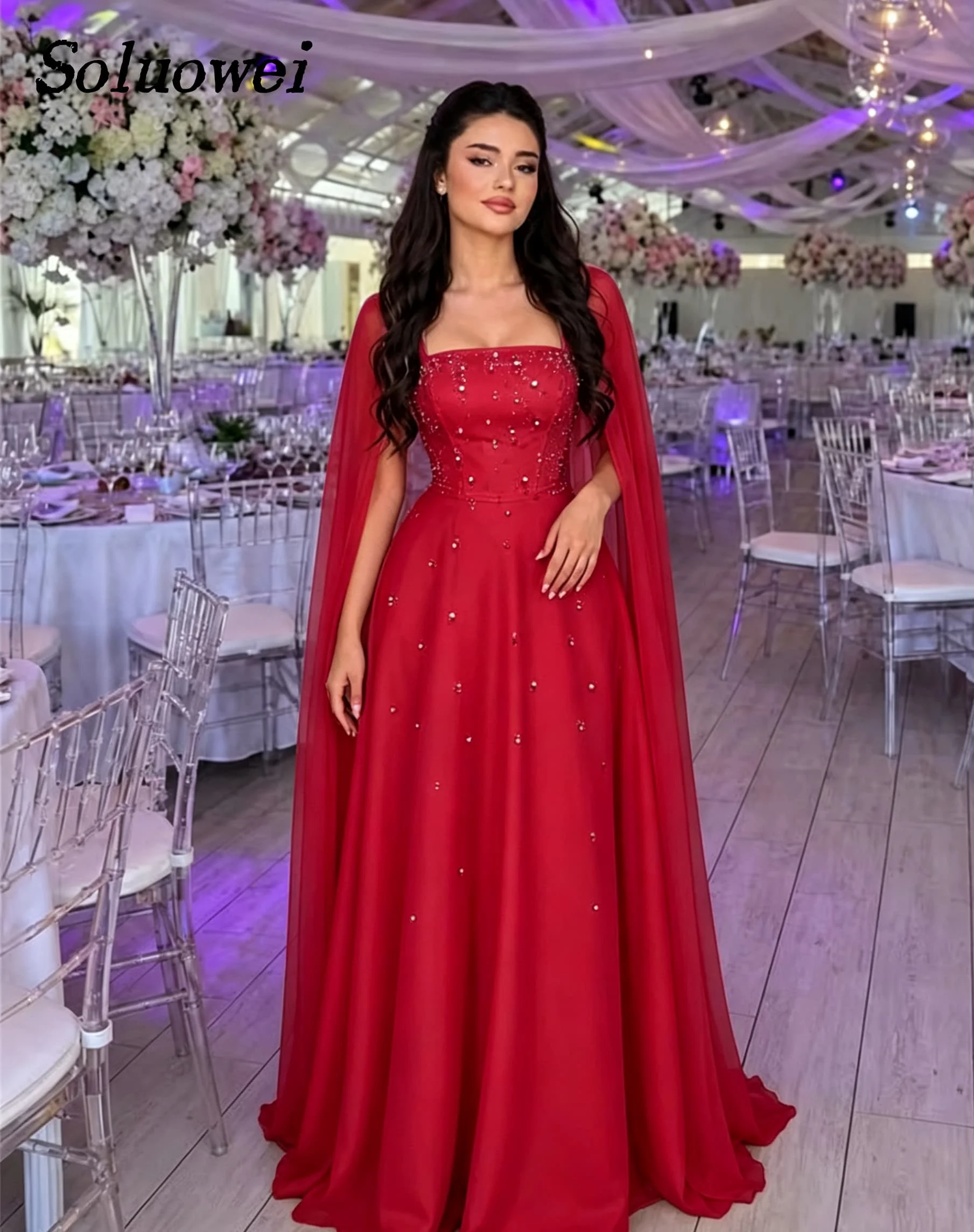 Square Collar A-Line Elegant Evening Dresses Romantic Neckline Bodice Beading Robes Formal Party Prom Gowns De Soirée Customized