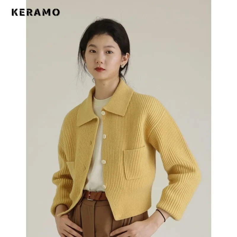 

2023 Winter Vintage Fashion Casual Single Breasted Sweater Women Solid Jumpers Knitting Long Sleeve Pockets Short Cardigans