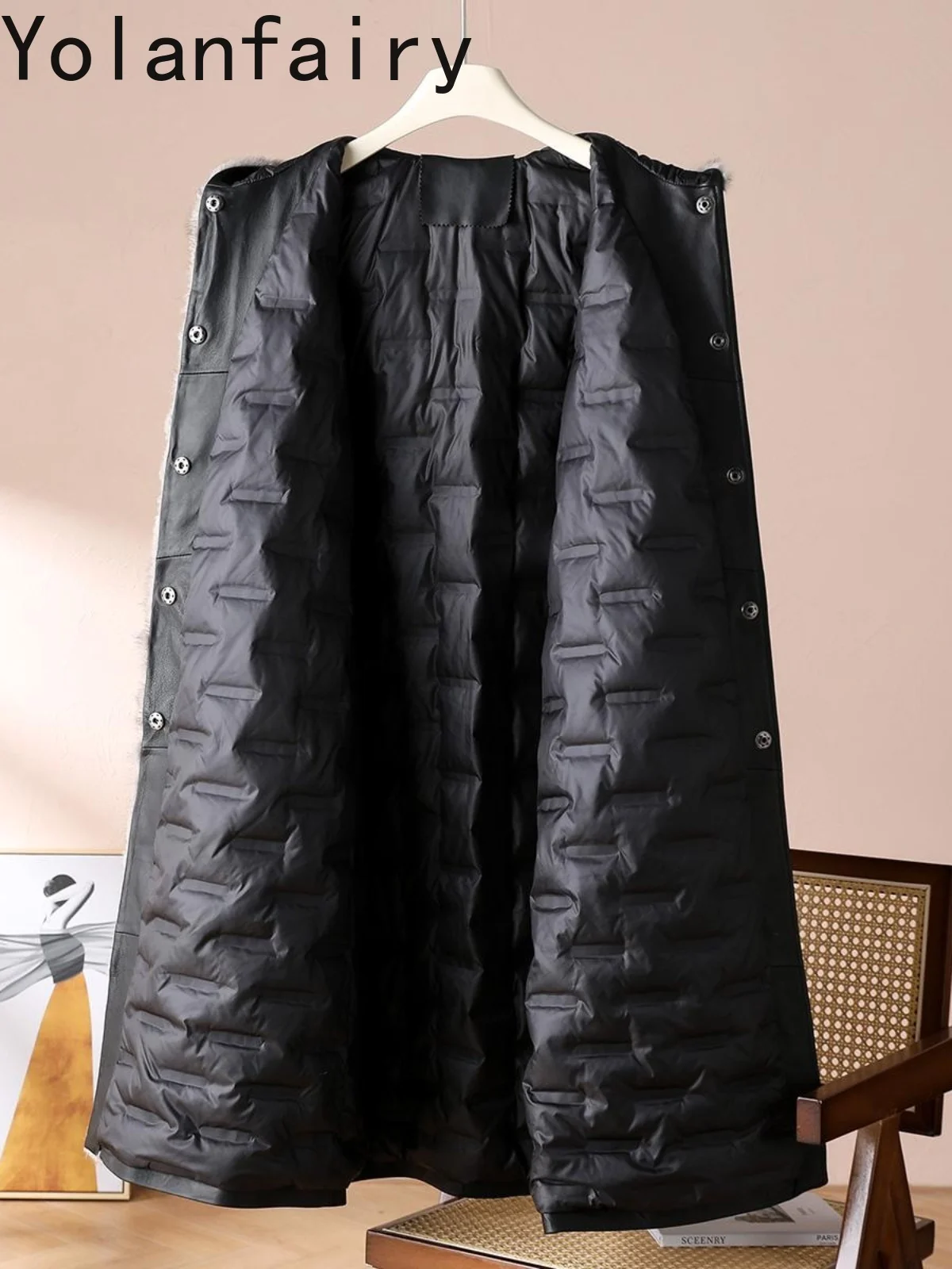 YOLANFAIRY 100% سترة جلدية أصلية للنساء 2025 معاطف شتوية طويلة بقلنسوة من جلد الغنم الحقيقي للنساء بياقة من فرو المنك #4