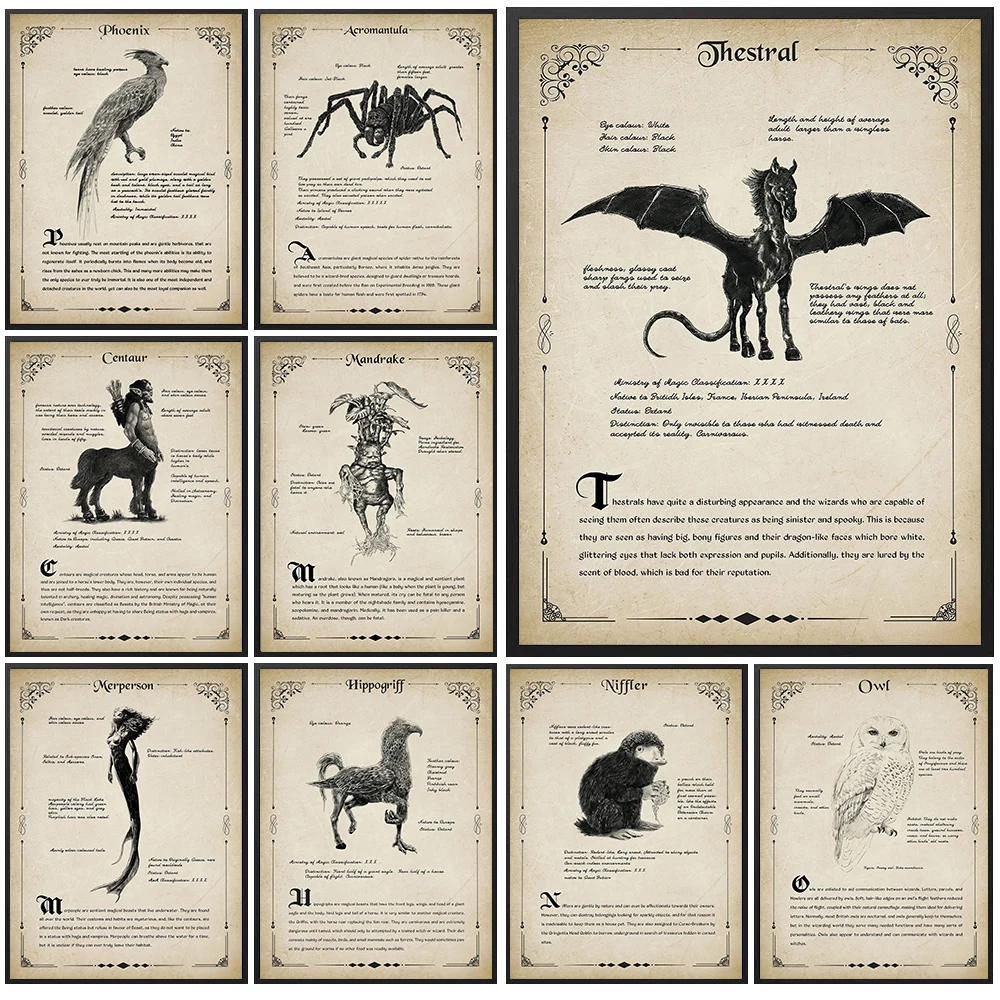 

Vintage Magical Creature Canvas Painting,Wizarding World Beast Wall Art,Centaur,Mandrake,Thestral,phoenix,Mythical Beast Poster