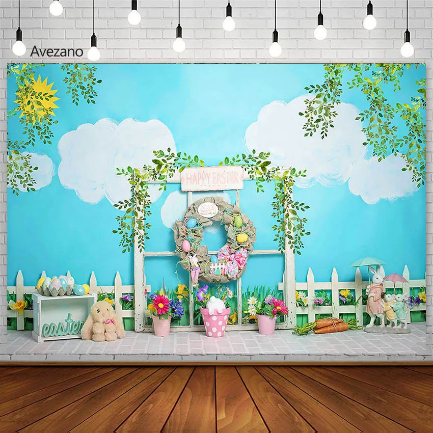 

Avezano Easter Backgrounds Photography Spring Baby Show Easter Egg Flower Rabbit The Blue Sky Newborn Portrait Backdrop