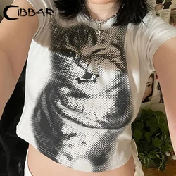 Cibbar-女性用原宿アニマルプリントクロップトップ,ベーシックな白いTシャツ,半袖,クルーネック,スリムフィットTシャツ,カジュアルな女性,y2kヴィンテージ