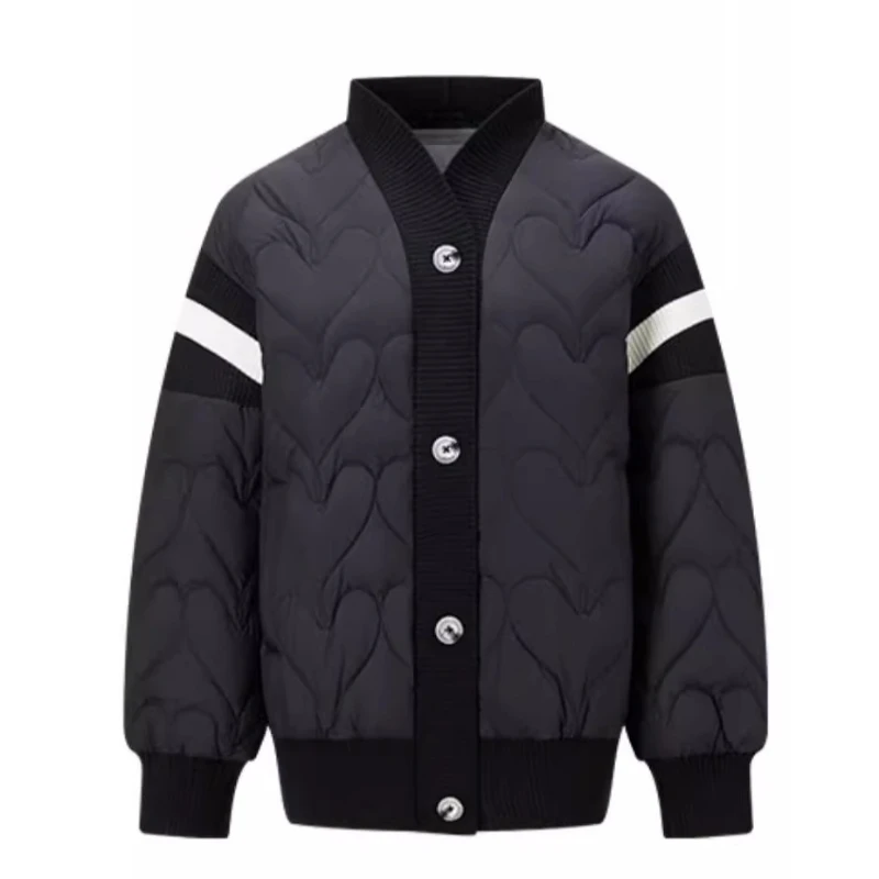 Chericom korte opstaande kraag donsjack gebreide stoffen panelen knoopsluiting geribbelde manchetten schuine zakken kleurblokkering Y298007Y