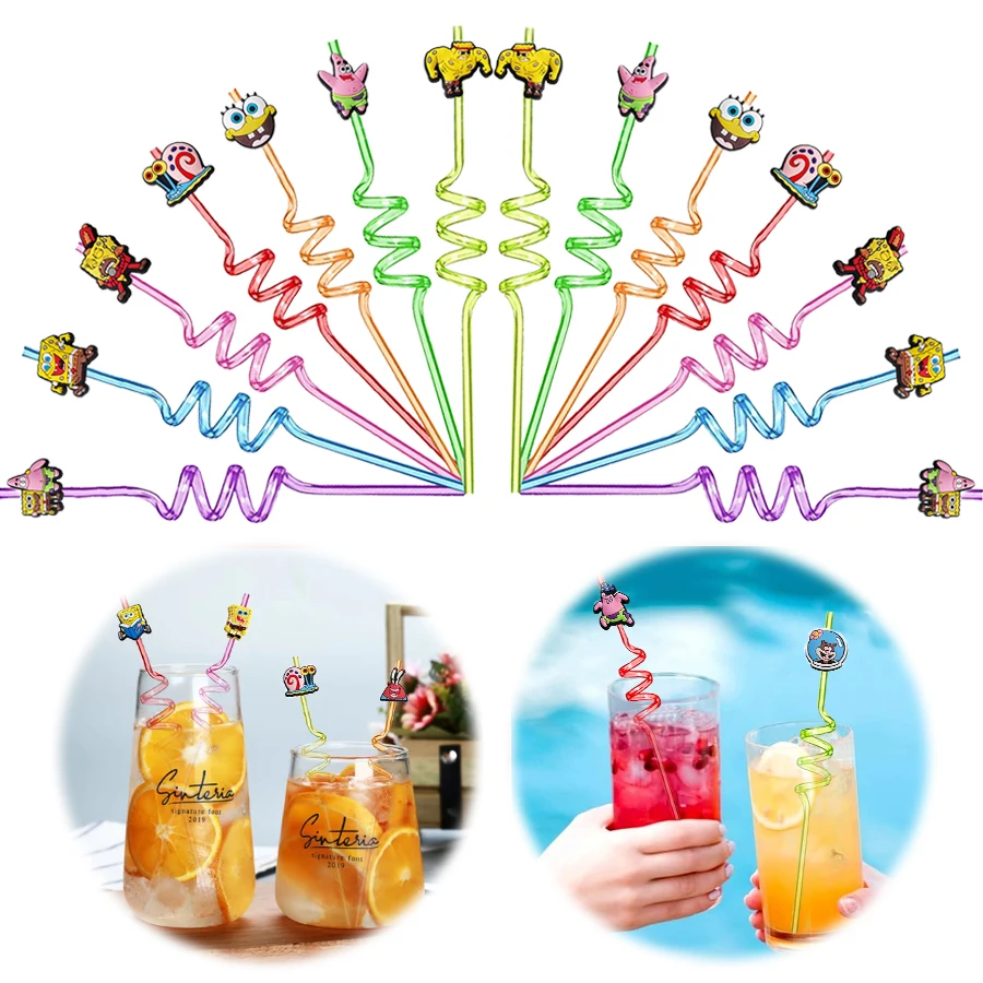 

6-18pcs Spongebob Straws Party Decorations Reusable Drinking Straws Anime Theme Straws Kids Party Supplies Christmas Party Gifts