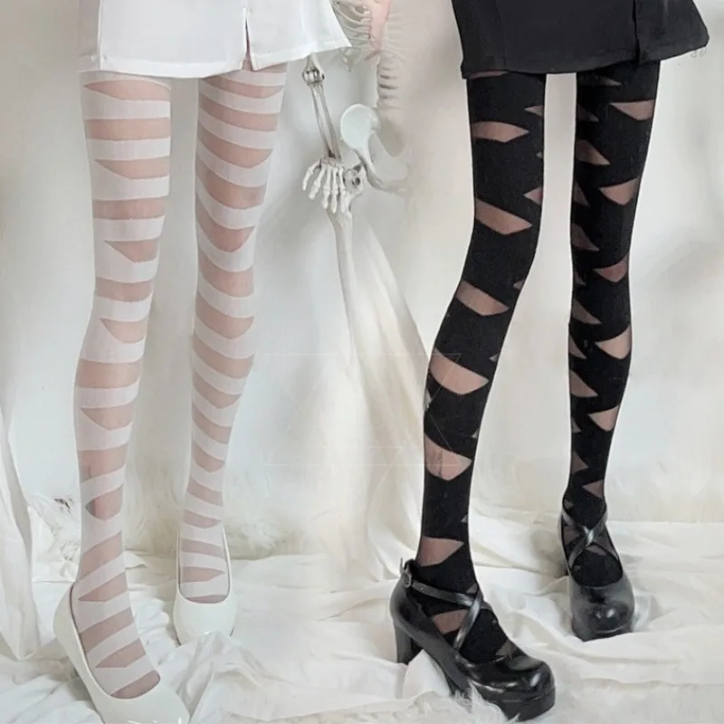 

Halloween Jacquard Strap White Over Knee Socks Spicy Girl Cross Middle Long Tube Black Silk Socks Calf Look Thin Pantyhose