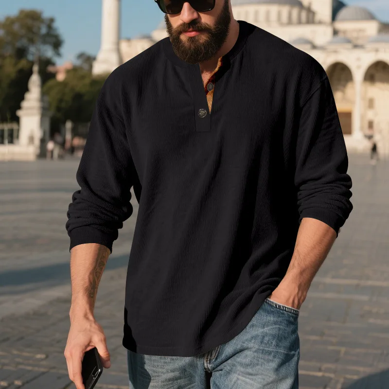 

Американская свободная мужская весенне-осенняя вельветовая простая повседневная рубашка Генри в стиле ретро с длинными рукавами