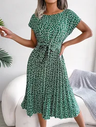 Women Spring Summer Short Sleeve High Waist Chic Dress Fashion Floral Pleated A Line Long Dress