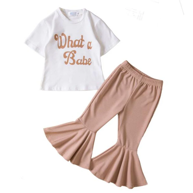 

2Piece 2023 Summer Baby Girl Boutique Outfit Set Casual Fashion Letter Short Sleeve T-shirt+Flared Pants Children Clothes BC2338