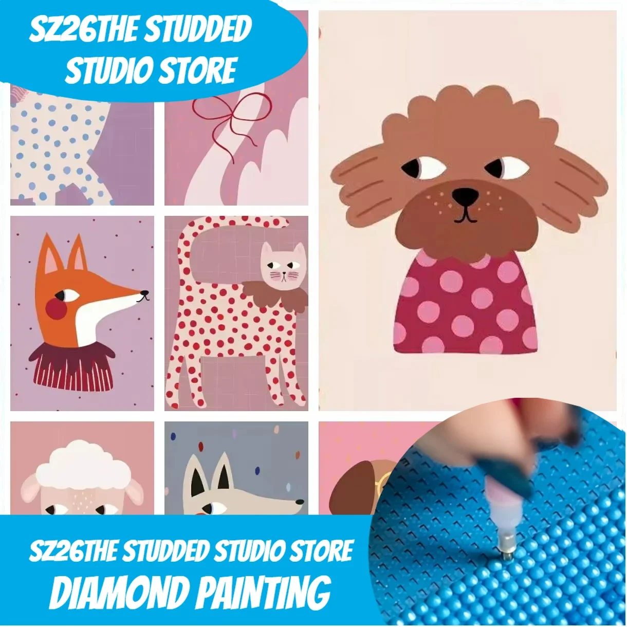 

Sz26The Studded Cartoon Cute Animals Illustration DIY Full Round Diamond Painting Home Living Room Wall Art for Kids Room Nurser