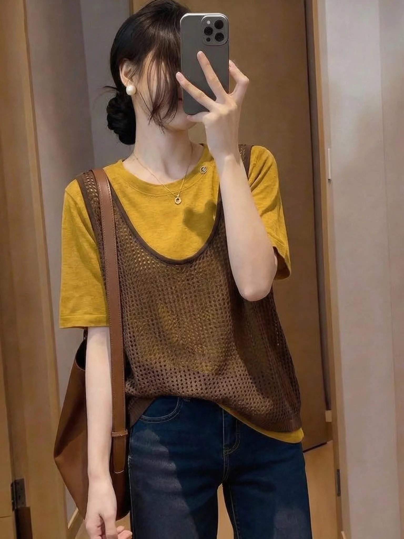 Summer 2026 Large Size Knitted Vest Pumpkin Orange Short Sleeve T-Shirt Two-Piece Set Korean Style Loose Fit Commute Style