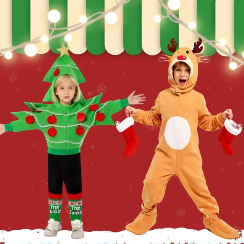 

Christmas Boys Girls Elk Christmas Tree Stage Performance Cosplay Costume Cartoon Deer Reindeer Holiday Party Roleplay Outfits