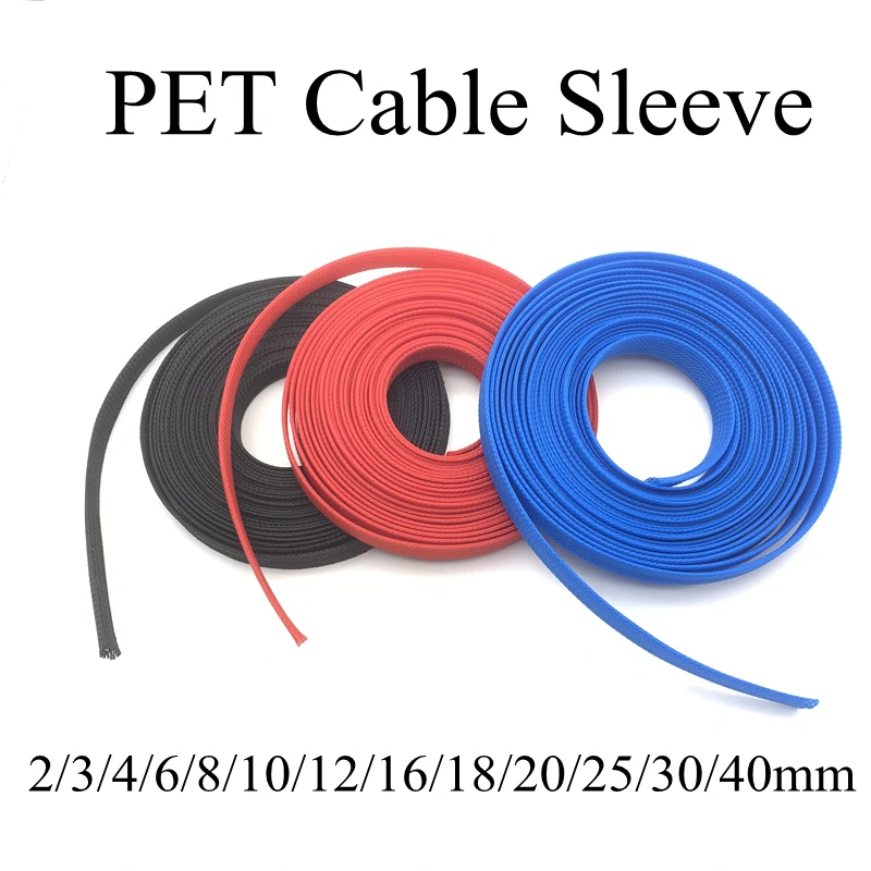 5M Red Blue Black Insulated Braid Sleeving 2-40mm Tight PET Wire Cable Gland Protection Cable Sleeve Flame-Retardant Nylon Tube