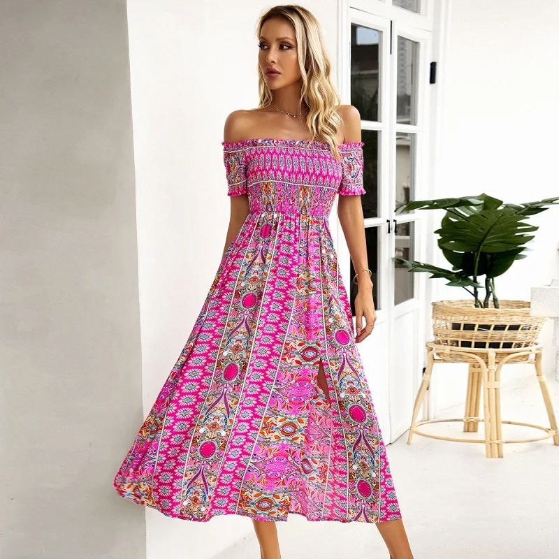 DY-Dress2024Spring En Zomer Nieuwe Off-Shoulder Bohemian Split Uitbreidingsrok