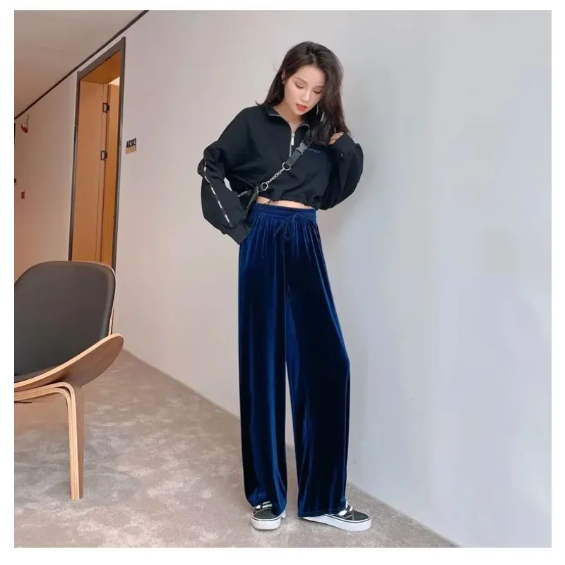 Autumn Winter Velvet Elegant Pants Women Black Casual Korean Style Wide Leg Pants Loose Fashion High Waist Trousers Female Y2k