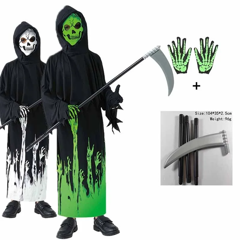 

Halloween Grim Reaper Skull Cosplay Green Glow Costume For Kids Death Scythe Party Halloween Costume with Hood Gloves Mask