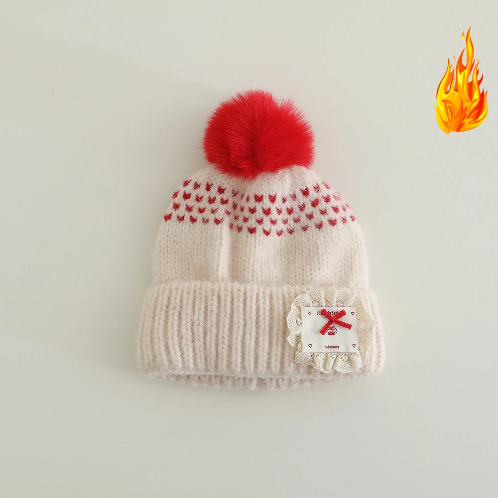 Ragazze Autunno Inverno Cappello di lana lavorato a maglia 50-54 cm Ragazzi Caldo Addensare Berretto antivento Bambini Cappelli con fiocco in pizzo a prova di freddo Moda per bambini CuteCap