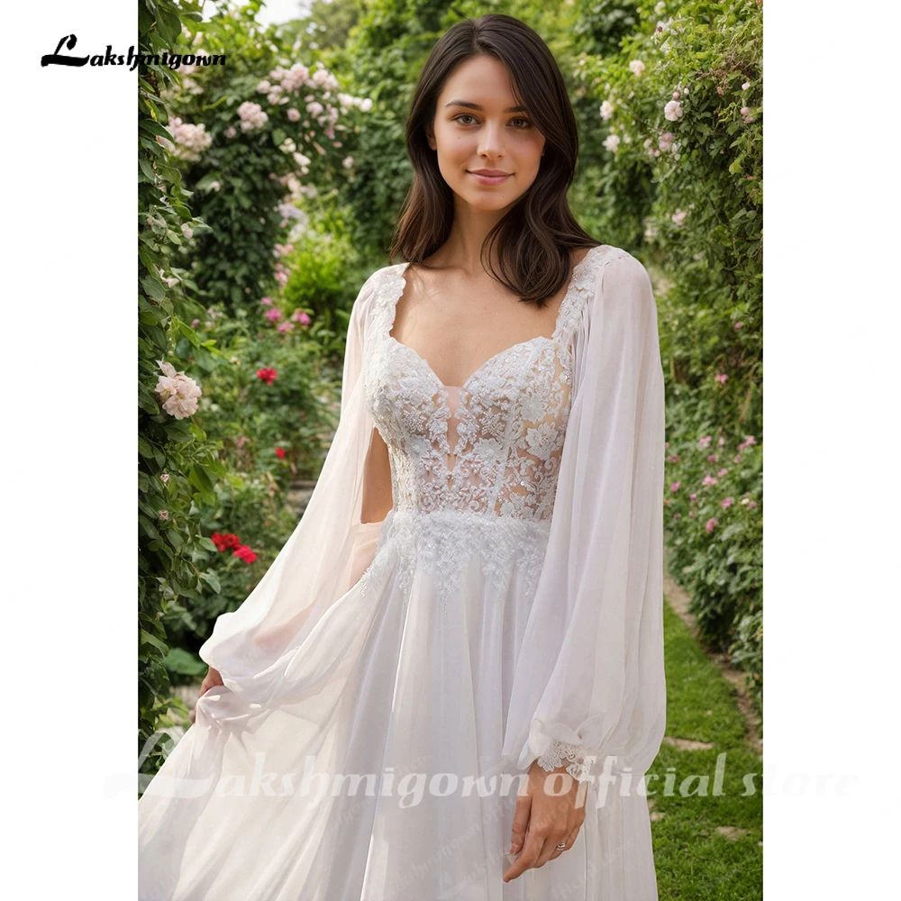 Lakshmigown Bohemisches, durchsichtiges Chiffon-Brautkleid mit langen Ärmeln für Strandhochzeiten, maßgeschneiderte Applikationen, V-Ausschnitt, Brautkleider nach Maß – Detail 7