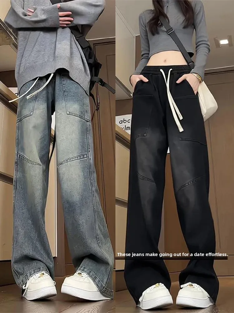 

American Retro Men's Flared Jeans Autumn Winter Distressed Washed Couple's Straight Loose Wide Leg Workwear Trousers