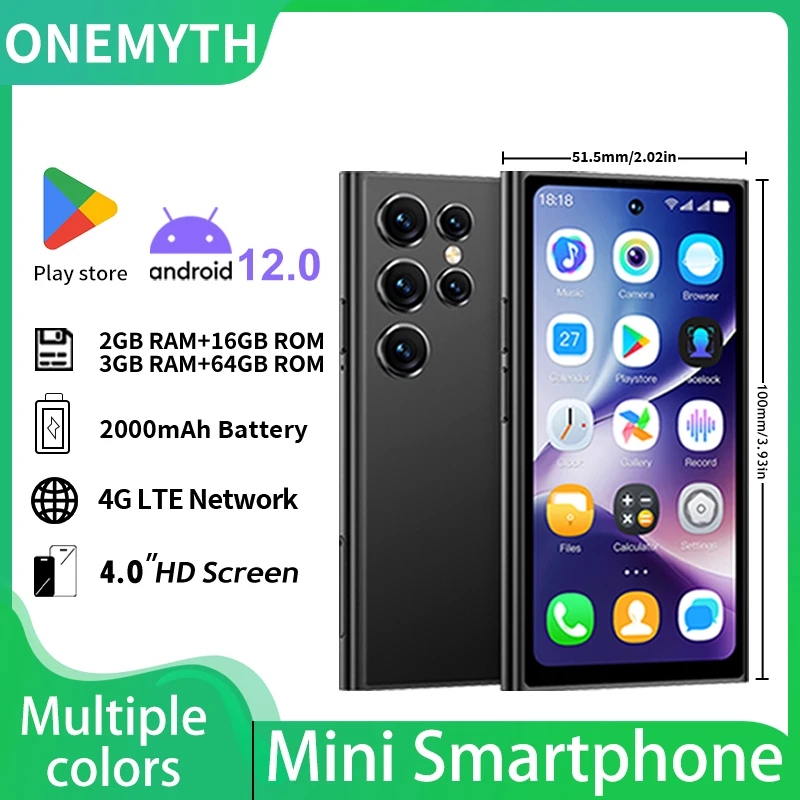 ONEMYTH S26 Ultra Mini! 4G Dual SIM Android 12 Mini Phone | 4-inch HD Display | Google Play Ready | Ultra Compact