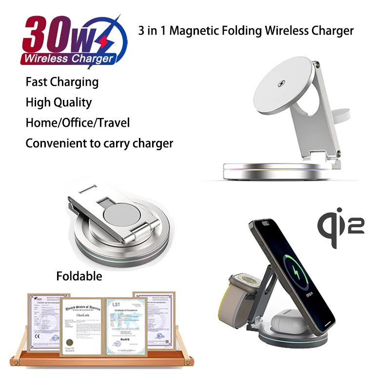 3 in 1 Rotating Wireless Charger Station for iPhone 17 16 15 14 13 12 Max Samsung Huawei Xiaomi Magnetic Wireless Stand Holder