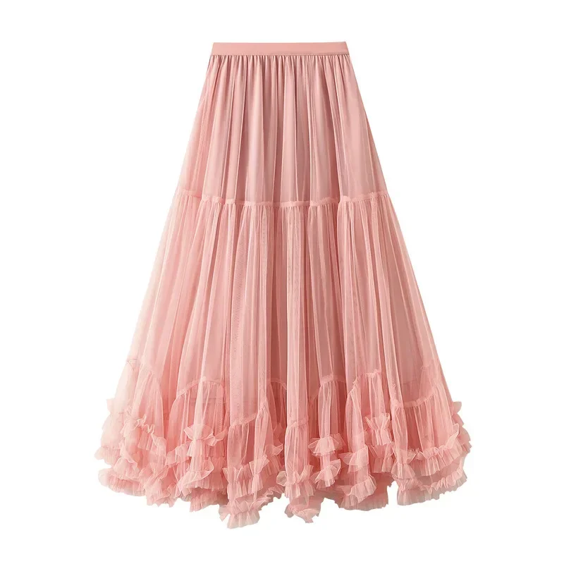 Women's Layered Chiffon Cake Solid Color Mesh Skirt Elegant Elastic Waist Fairy Long Lace A-line Large Swing Picture Skirt