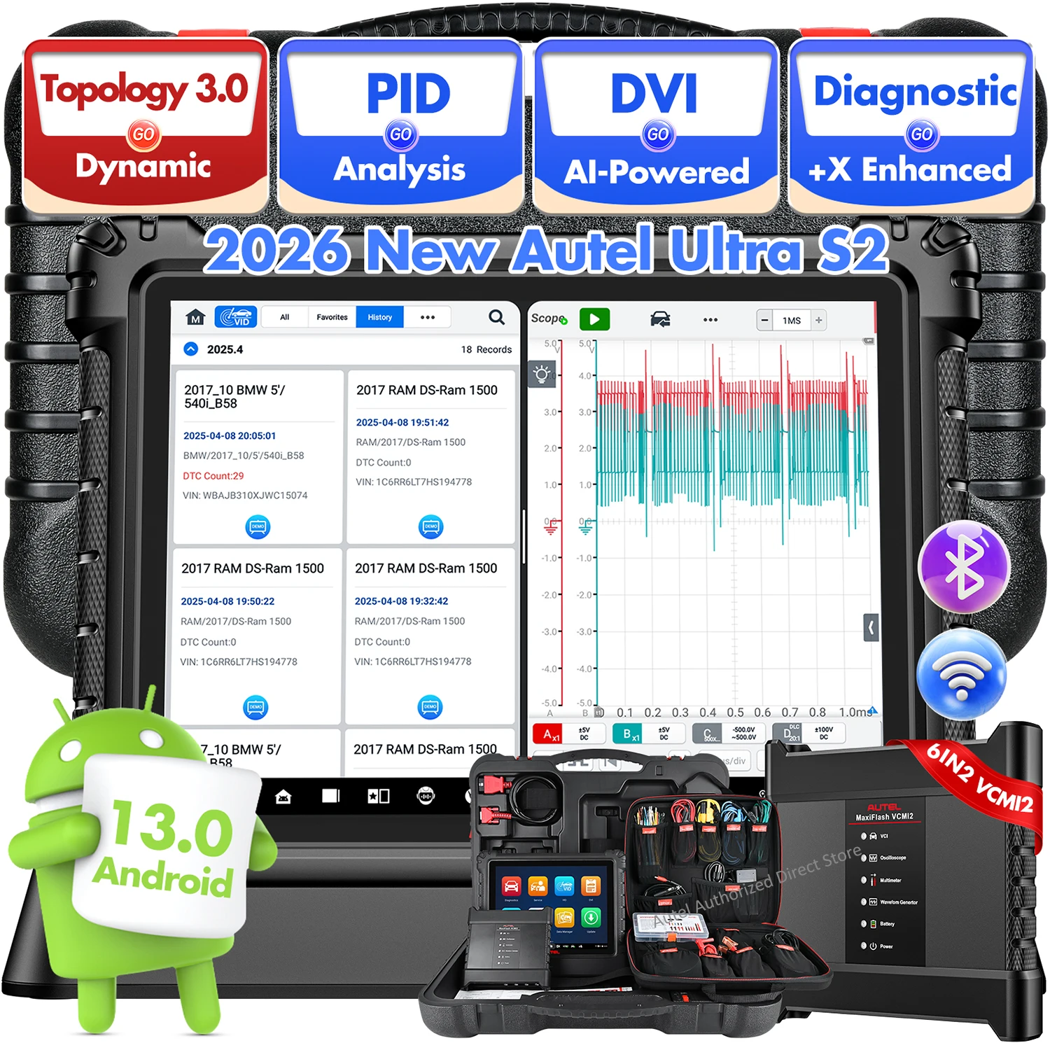 Autel MaxiSYS Ultra S2 Scanner UltraS2 AI Intelligent Scan Tool 6IN1 VCMI2, Topology 3.0 PID Analysis Multi-Point DVI, Motor TruSpeed, Upgraded of Ultra MS909S2