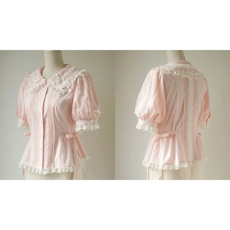 

Original Lolita Japanese Girl Elegant Lace Ruffle Bubble Short-sleeved Shirt Heavy Industry Sweet Cotton Blouse Summer Shirts